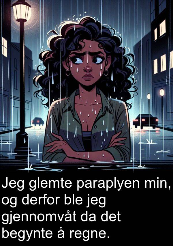 paraplyen: Jeg glemte paraplyen min, og derfor ble jeg gjennomvåt da det begynte å regne.