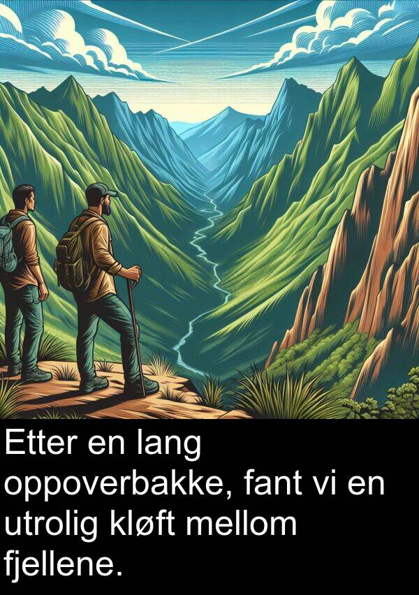 oppoverbakke: Etter en lang oppoverbakke, fant vi en utrolig kløft mellom fjellene.