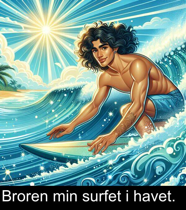 havet: Broren min surfet i havet.