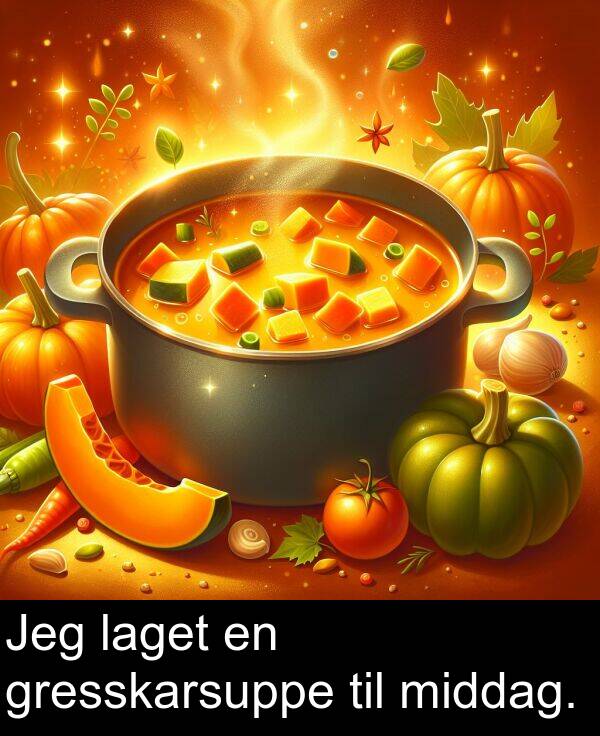 middag: Jeg laget en gresskarsuppe til middag.