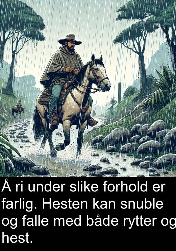 hest: Å ri under slike forhold er farlig. Hesten kan snuble og falle med både rytter og hest.