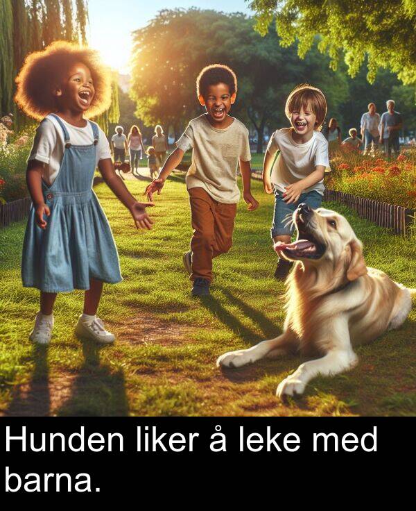 med: Hunden liker å leke med barna.