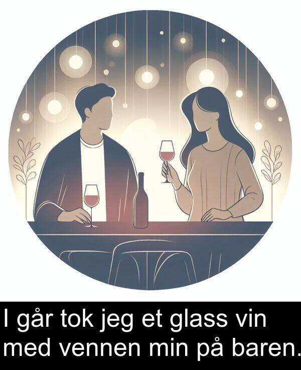 vin: I går tok jeg et glass vin med vennen min på baren.