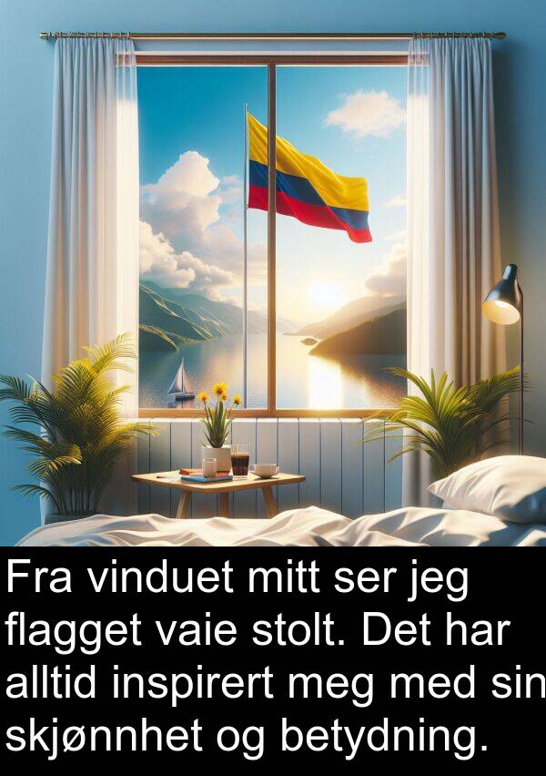 vaie: Fra vinduet mitt ser jeg flagget vaie stolt. Det har alltid inspirert meg med sin skjønnhet og betydning.