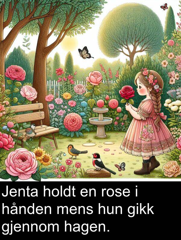 mens: Jenta holdt en rose i hånden mens hun gikk gjennom hagen.