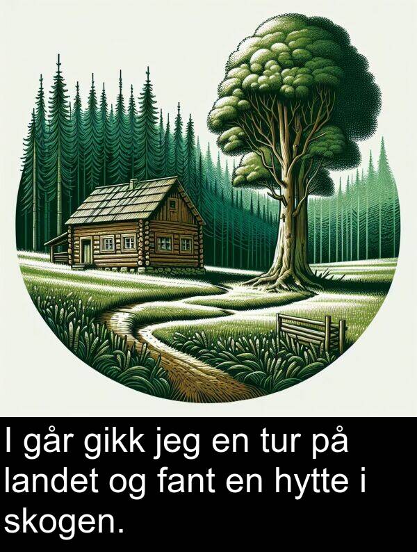 går: I går gikk jeg en tur på landet og fant en hytte i skogen.