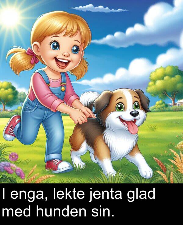 jenta: I enga, lekte jenta glad med hunden sin.