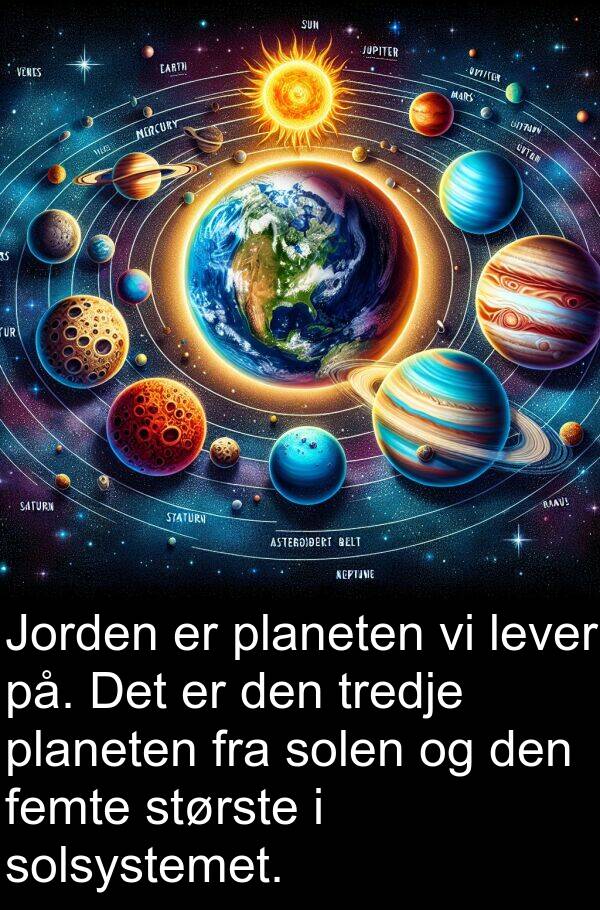 planeten: Jorden er planeten vi lever på. Det er den tredje planeten fra solen og den femte største i solsystemet.