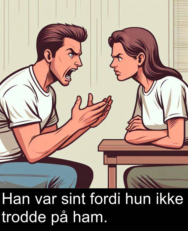 ham: Han var sint fordi hun ikke trodde på ham.