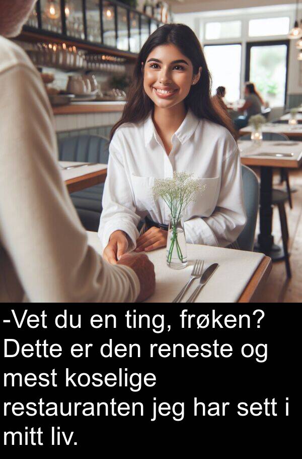 ting: -Vet du en ting, frøken? Dette er den reneste og mest koselige restauranten jeg har sett i mitt liv.