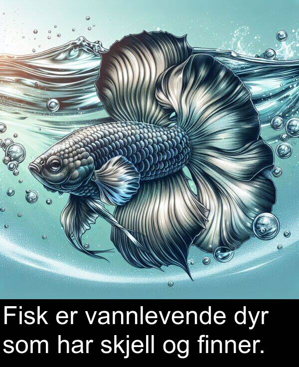 dyr: Fisk er vannlevende dyr som har skjell og finner.