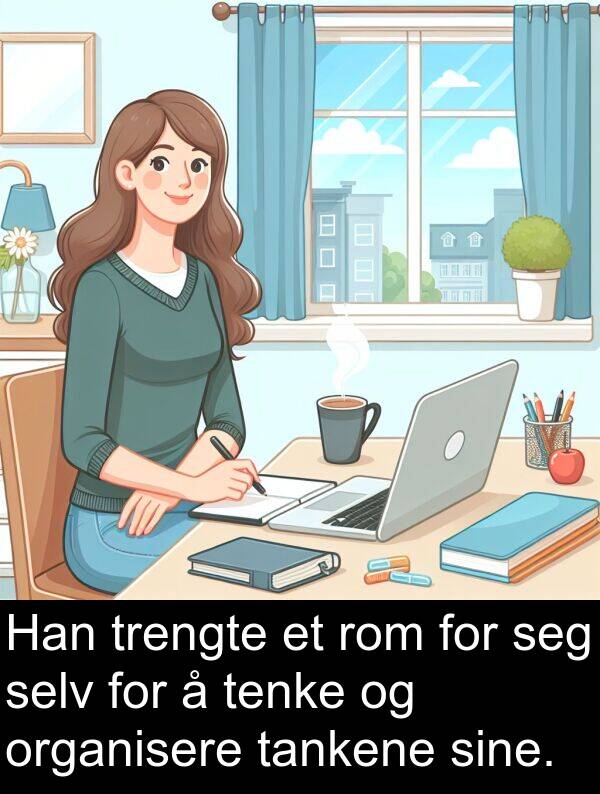 organisere: Han trengte et rom for seg selv for å tenke og organisere tankene sine.