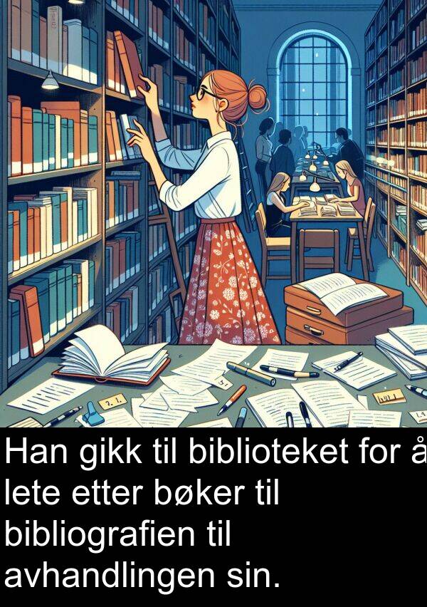 biblioteket: Han gikk til biblioteket for å lete etter bøker til bibliografien til avhandlingen sin.