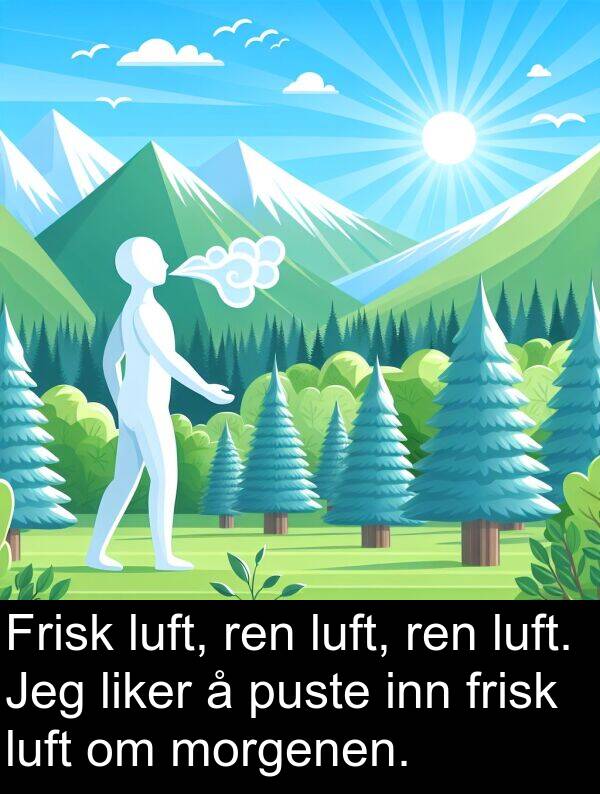 luft: Frisk luft, ren luft, ren luft. Jeg liker å puste inn frisk luft om morgenen.