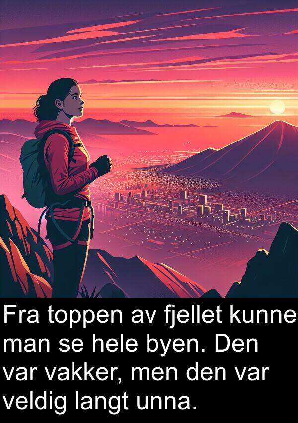 man: Fra toppen av fjellet kunne man se hele byen. Den var vakker, men den var veldig langt unna.