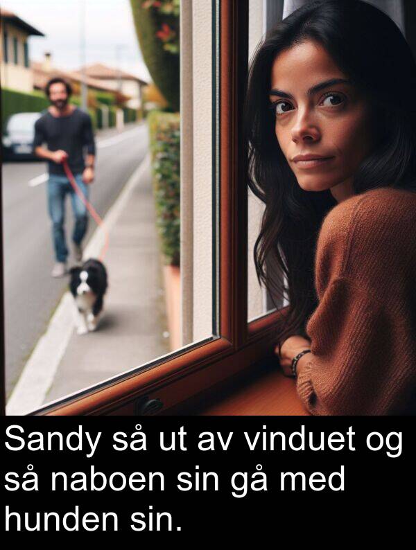 vinduet: Sandy så ut av vinduet og så naboen sin gå med hunden sin.