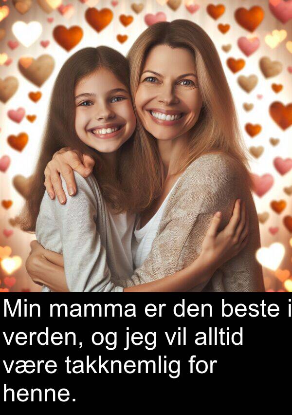 verden: Min mamma er den beste i verden, og jeg vil alltid være takknemlig for henne.