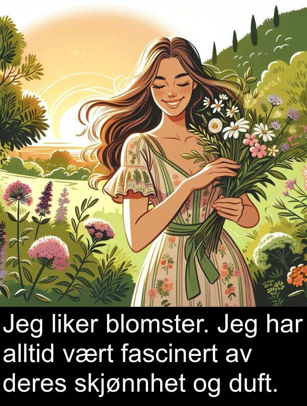 duft: Jeg liker blomster. Jeg har alltid vært fascinert av deres skjønnhet og duft.