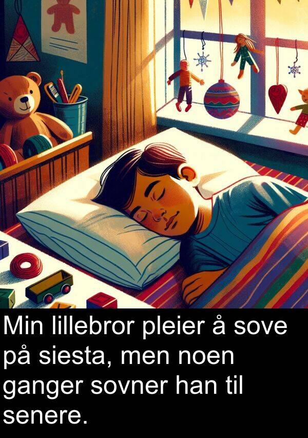 pleier: Min lillebror pleier å sove på siesta, men noen ganger sovner han til senere.