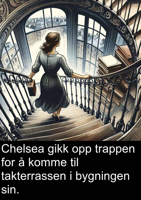 takterrassen: Chelsea gikk opp trappen for å komme til takterrassen i bygningen sin.