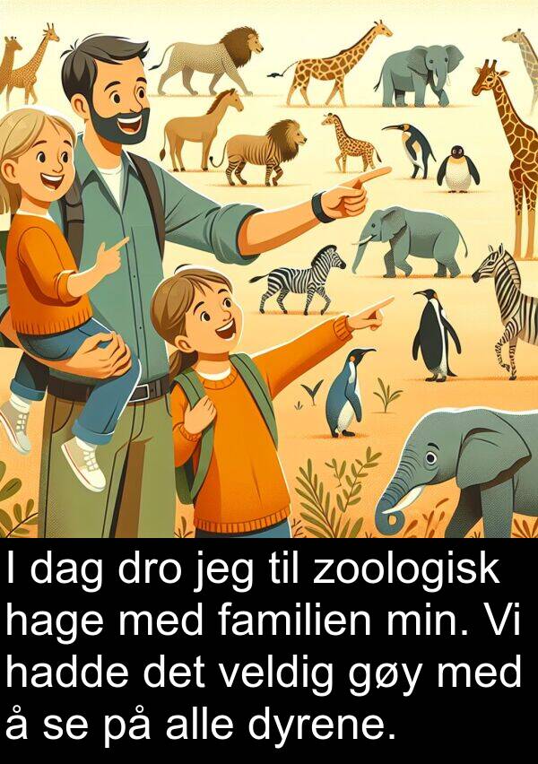 dro: I dag dro jeg til zoologisk hage med familien min. Vi hadde det veldig gøy med å se på alle dyrene.