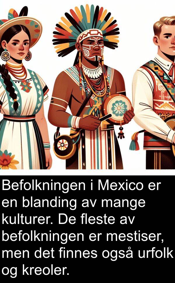 befolkningen: Befolkningen i Mexico er en blanding av mange kulturer. De fleste av befolkningen er mestiser, men det finnes også urfolk og kreoler.