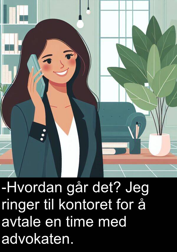 time: -Hvordan går det? Jeg ringer til kontoret for å avtale en time med advokaten.