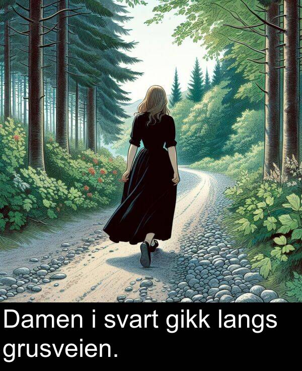 langs: Damen i svart gikk langs grusveien.