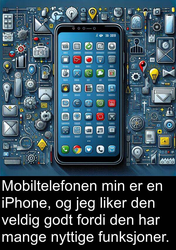 iPhone: Mobiltelefonen min er en iPhone, og jeg liker den veldig godt fordi den har mange nyttige funksjoner.