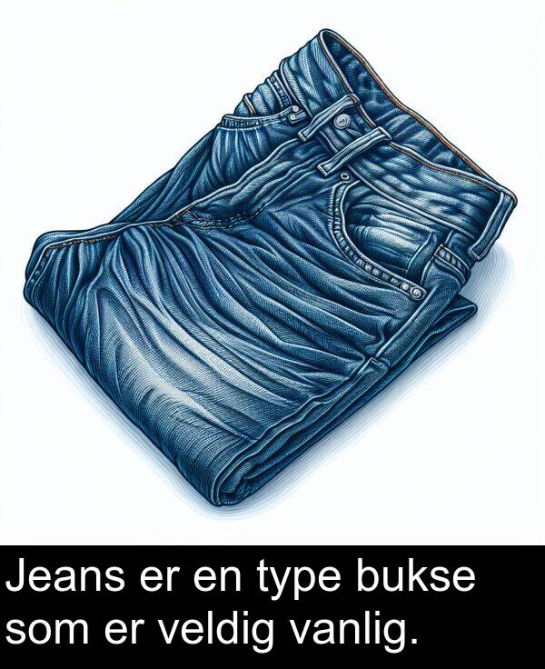 veldig: Jeans er en type bukse som er veldig vanlig.