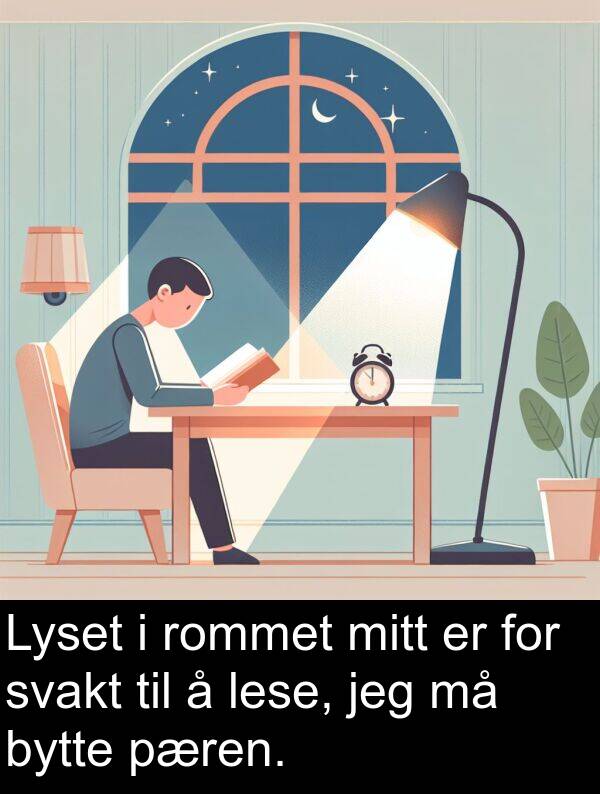 lese: Lyset i rommet mitt er for svakt til å lese, jeg må bytte pæren.