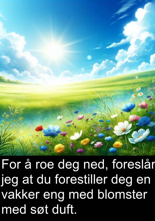 deg: For å roe deg ned, foreslår jeg at du forestiller deg en vakker eng med blomster med søt duft.