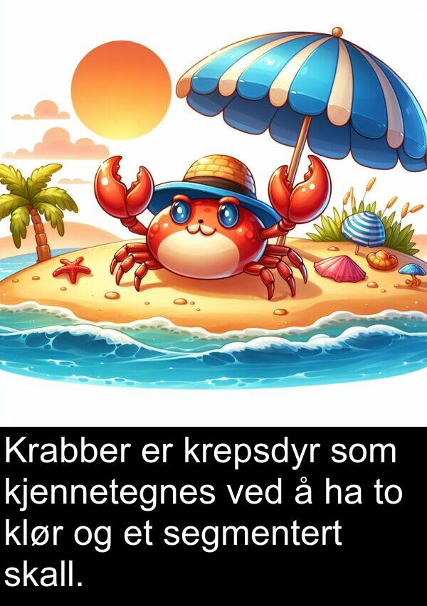 kjennetegnes: Krabber er krepsdyr som kjennetegnes ved å ha to klør og et segmentert skall.