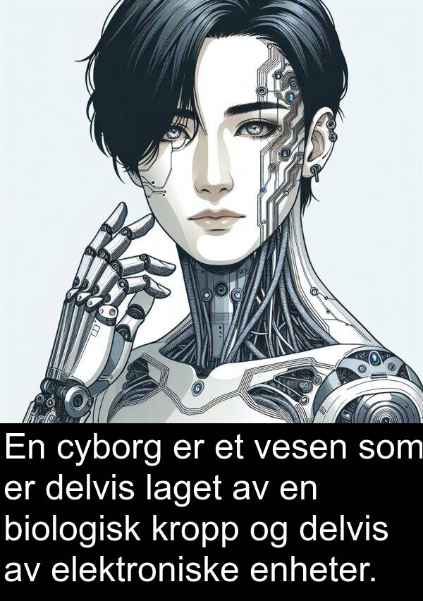 delvis: En cyborg er et vesen som er delvis laget av en biologisk kropp og delvis av elektroniske enheter.