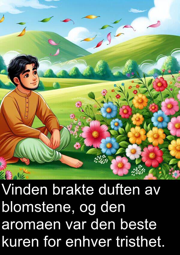 duften: Vinden brakte duften av blomstene, og den aromaen var den beste kuren for enhver tristhet.