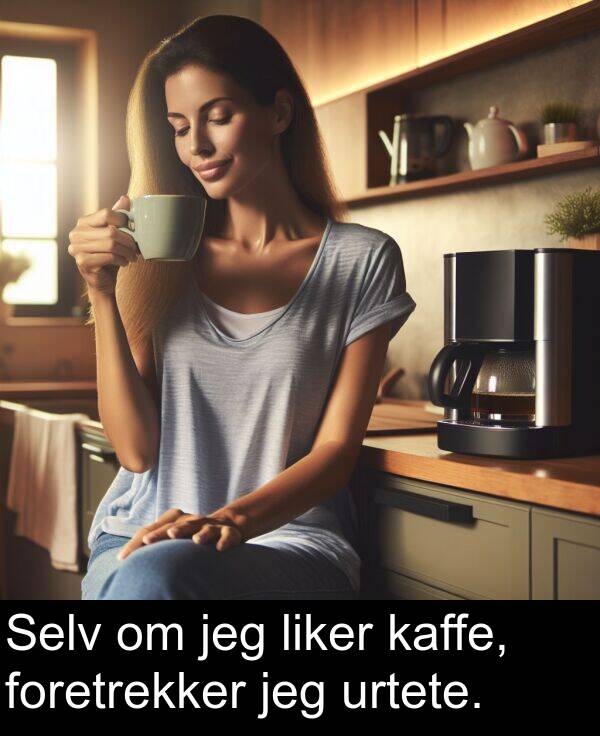 jeg: Selv om jeg liker kaffe, foretrekker jeg urtete.