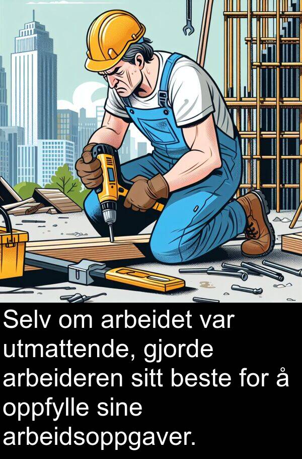 beste: Selv om arbeidet var utmattende, gjorde arbeideren sitt beste for å oppfylle sine arbeidsoppgaver.