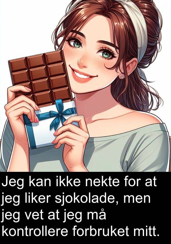 vet: Jeg kan ikke nekte for at jeg liker sjokolade, men jeg vet at jeg må kontrollere forbruket mitt.