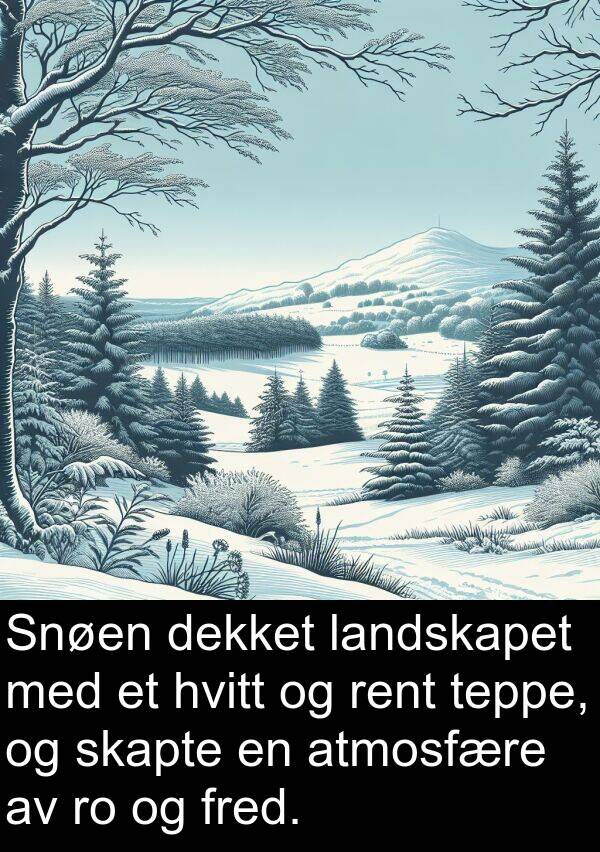 dekket: Snøen dekket landskapet med et hvitt og rent teppe, og skapte en atmosfære av ro og fred.