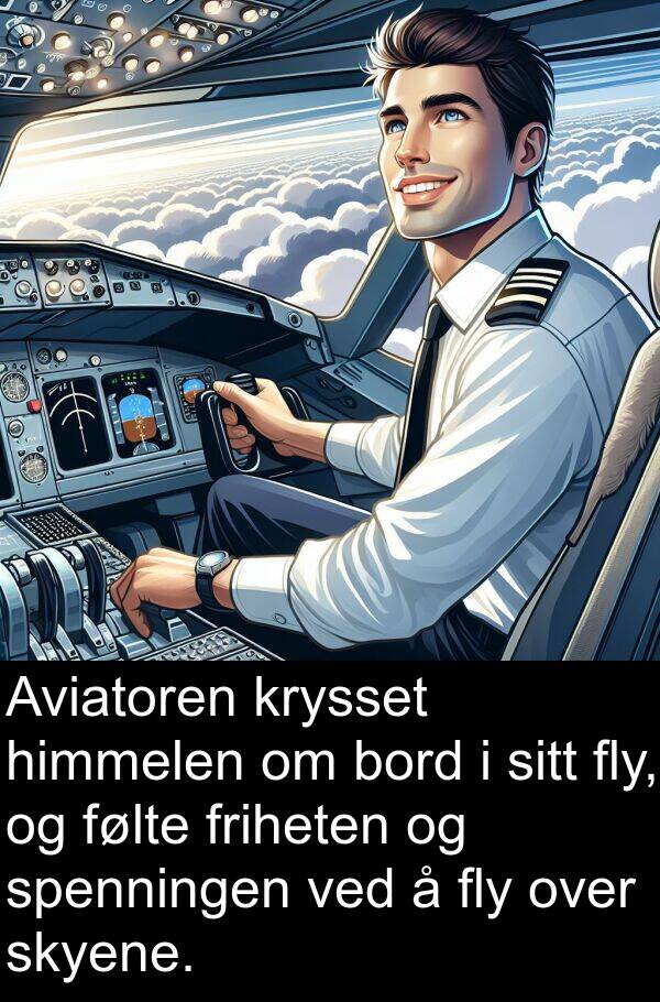 bord: Aviatoren krysset himmelen om bord i sitt fly, og følte friheten og spenningen ved å fly over skyene.