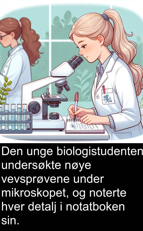 vevsprøvene: Den unge biologistudenten undersøkte nøye vevsprøvene under mikroskopet, og noterte hver detalj i notatboken sin.