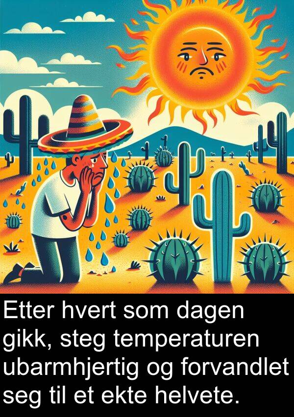 helvete: Etter hvert som dagen gikk, steg temperaturen ubarmhjertig og forvandlet seg til et ekte helvete.