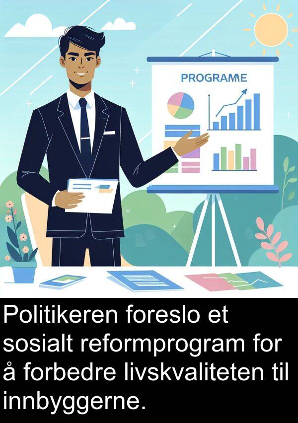 livskvaliteten: Politikeren foreslo et sosialt reformprogram for å forbedre livskvaliteten til innbyggerne.