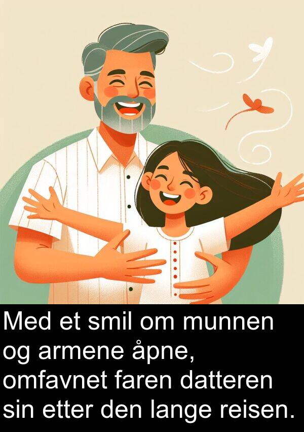 datteren: Med et smil om munnen og armene åpne, omfavnet faren datteren sin etter den lange reisen.