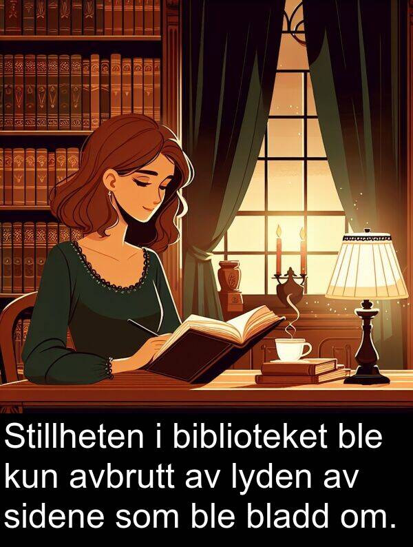 biblioteket: Stillheten i biblioteket ble kun avbrutt av lyden av sidene som ble bladd om.