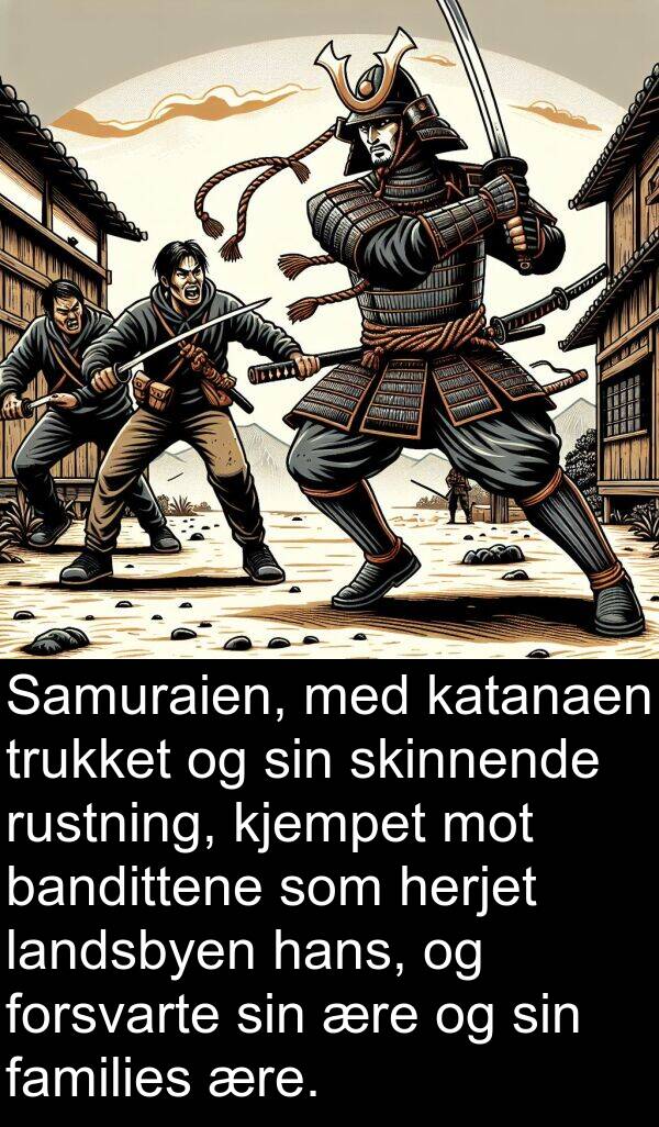 bandittene: Samuraien, med katanaen trukket og sin skinnende rustning, kjempet mot bandittene som herjet landsbyen hans, og forsvarte sin ære og sin families ære.