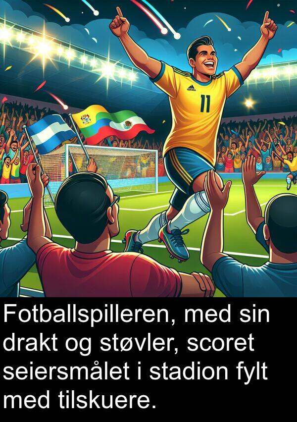 drakt: Fotballspilleren, med sin drakt og støvler, scoret seiersmålet i stadion fylt med tilskuere.