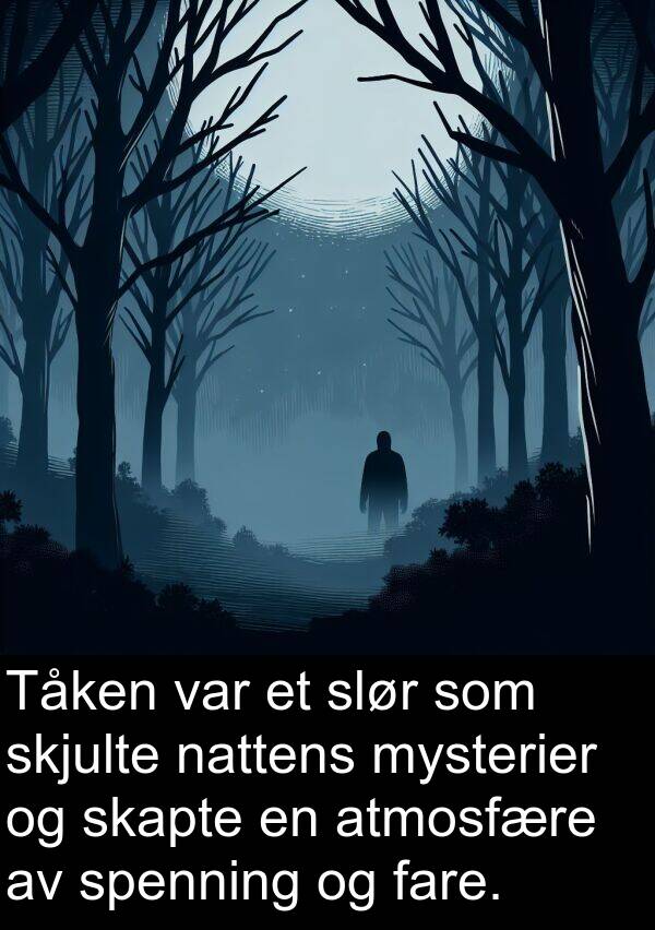 fare: Tåken var et slør som skjulte nattens mysterier og skapte en atmosfære av spenning og fare.