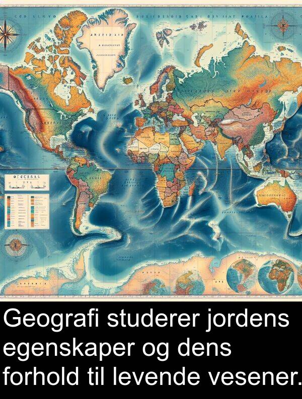 vesener: Geografi studerer jordens egenskaper og dens forhold til levende vesener.