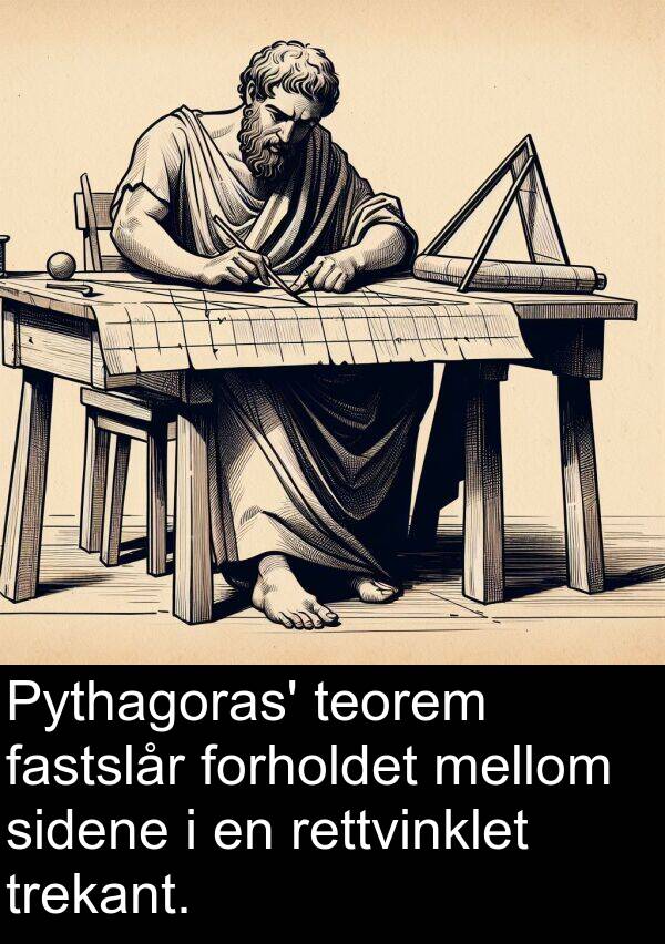 mellom: Pythagoras' teorem fastslår forholdet mellom sidene i en rettvinklet trekant.